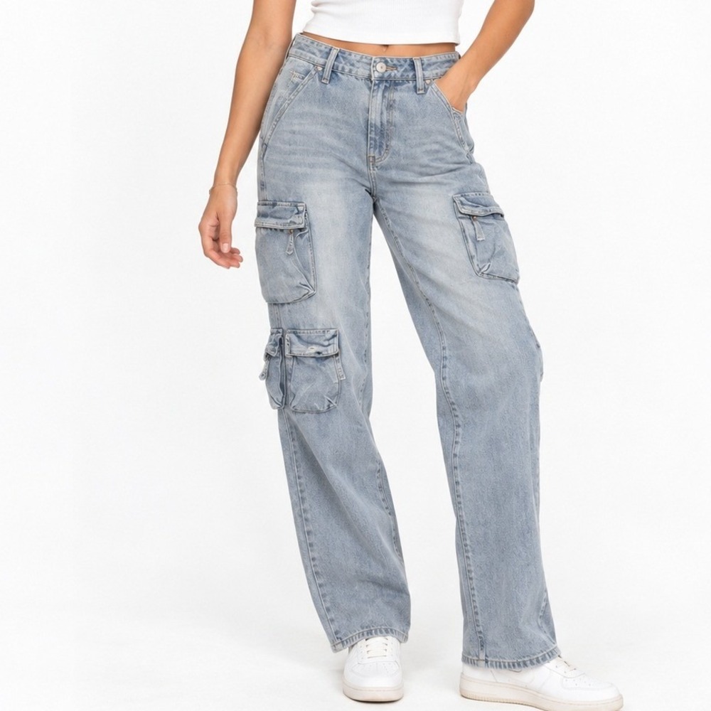 Pistola Womens Cargo Jeans Light Wash Blue Utility Straight Leg Sz 28 pockets